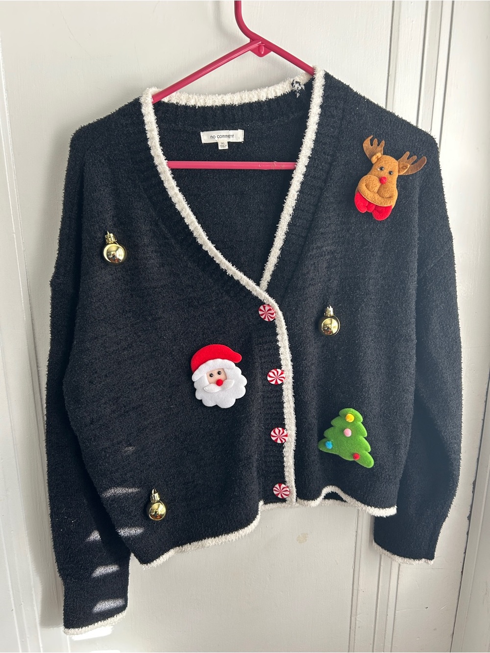 No Comment Black Holiday Cardigan Sweater with Festive Appliqués